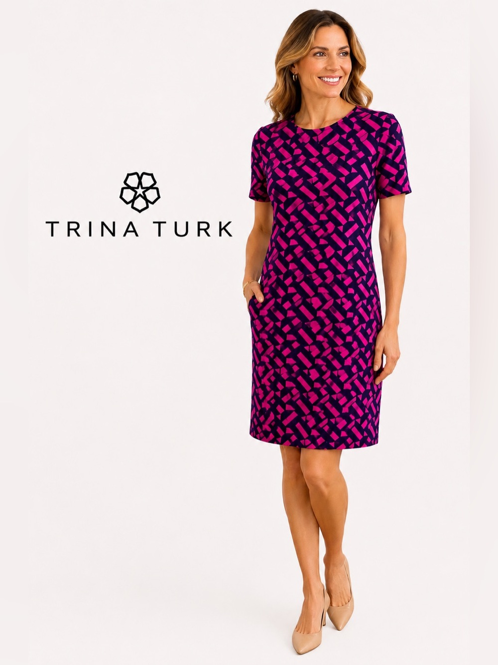Trina Turk Geometric Print Knit Sheath Dress Pink & Navy Size Medium